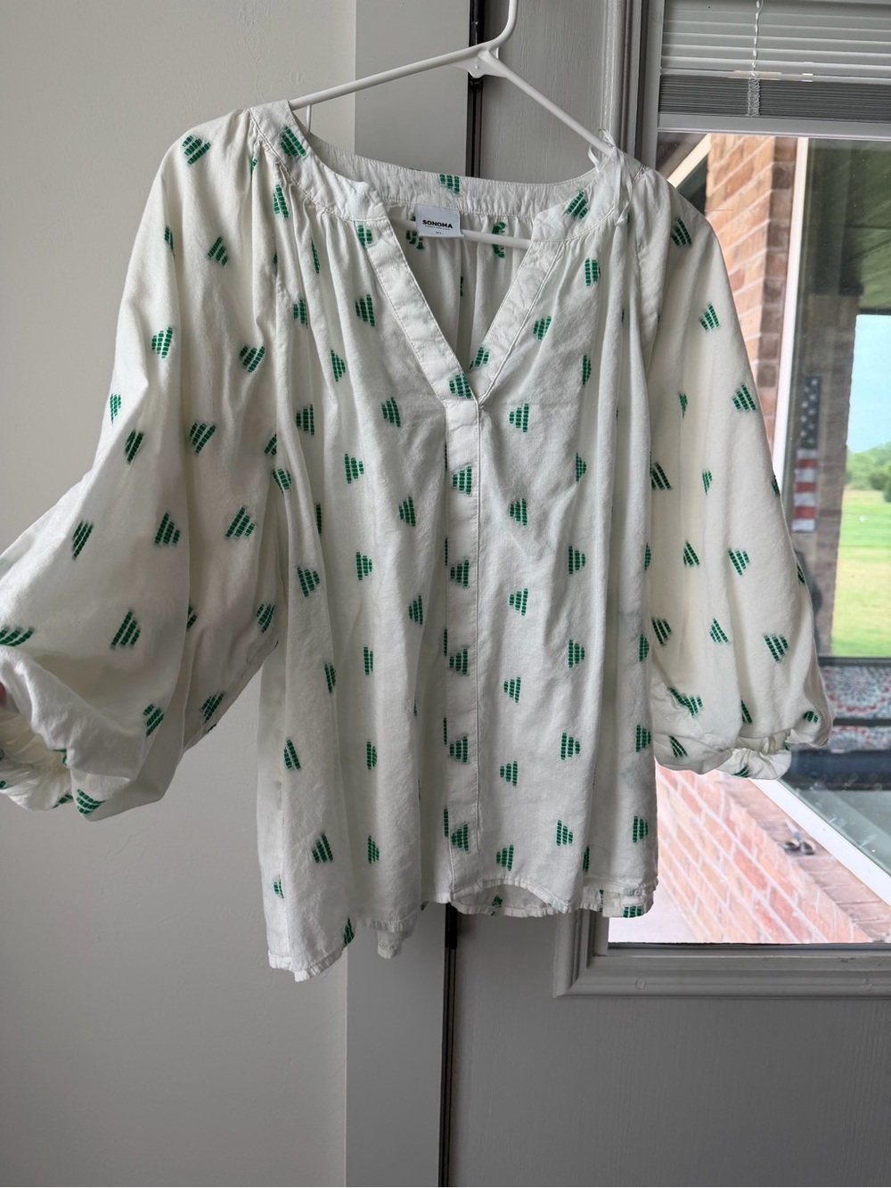 Sonoma White Peasant Blouse with Green Heart Motif